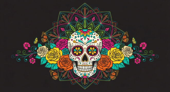 A vibrant sugar skull with colorful roses, butterflies, and intricate mandala patterns on a dark background, celebrating Dia de los Muertos.