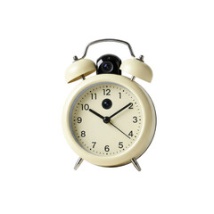 Retro twin bell alarm clock concealing a hidden spy camera for home security and surveillance isolated PNG with Transparent Background