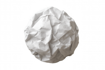 Crumpled white paper ball representing mistakes, waste, and creative blocks, isolated on transparent background