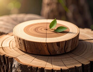 Close Up View Of Wooden Stump With Fresh Green Leaves In Sunlight Background With Brown Tones