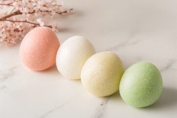 Three-colored sweet dumplings in pink, white, and green, traditional recipe with blank space