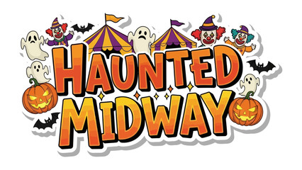 Spooky Carnival Delights: A vibrant illustration of a haunted midway scene, filled with playful ghosts, grinning jack-o'-lanterns, whimsical tents, and mischievous clowns.