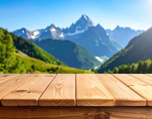 Wooden Tabletop With Blurred Mountain Landscape and Greenery Sunny Day View