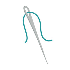 Flat vector illustration of a metal sewing needle with thread, isolated design, minimal creative cartoon clipart.