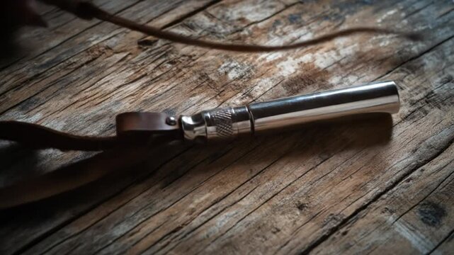 Metallic socket wrench on aged wood surface