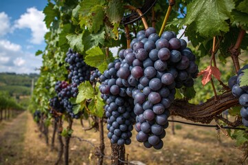 Lush clusters of sweet, mature grapes hanging from vineyard plants.