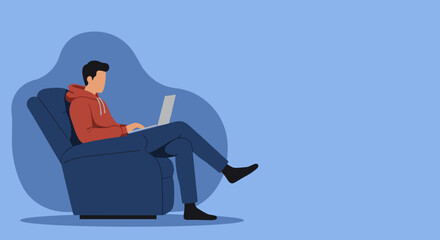 Comfortable man uses laptop in armchair Work from home online learning digital lifestyle