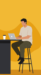 Man working remotely on laptop at cafe counter with coffee focused on business