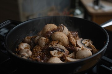 Preparing white and black mushrooms at home for a wholesome family meal