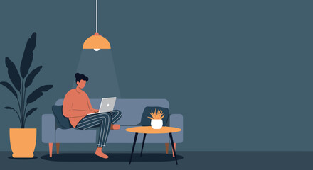 Man working on laptop from home on a couch Cozy remote work online learning or leisure activity