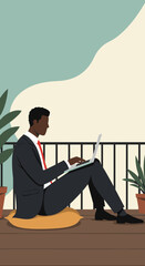 Businessman working on laptop on balcony Remote work flexible office lifestyle concept
