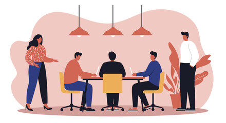 Business team collaborating in a modern office meeting space using laptops and discussing ideas