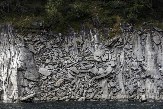 Rockfalls at the Sambuco reservoir, Sambuco valley, near Fusio, Lavizzara, Canton Ticino, Switzerland