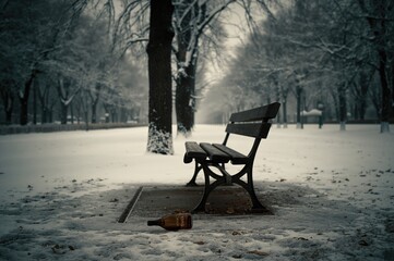 Empty park bench surrounded by snow and trees with a bottle symbolizing addiction
