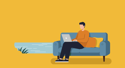 Man works on laptop from a comfy sofa embodying remote work and digital lifestyle