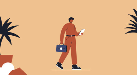 Professional person walking with briefcase and tablet engaging with digital content in a modern setting