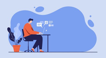 Man working on laptop engaged in online communication and networking Remote work digital business