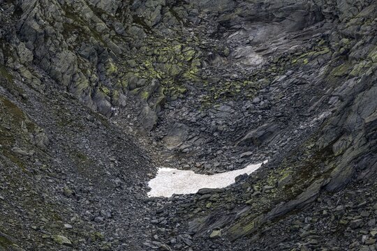 Remains of snow on rocks, Sambuco Valley, Vale Sambuco, near Fusio, Lavizzara, Canton Ticino, Switzerland