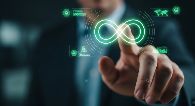 Businessman's Finger Touches Infinity Symbol with Digital Data Icons technology
