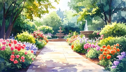Beautiful Garden Path with Vibrant Flowers and Fountains.