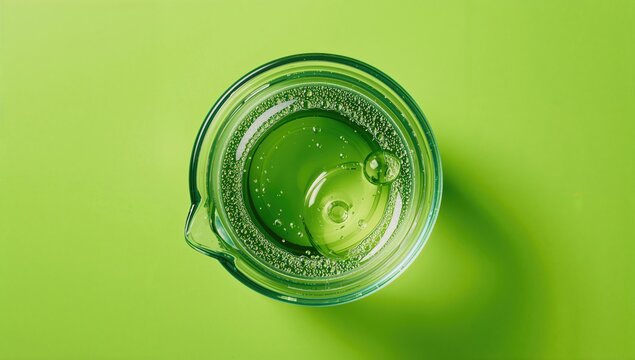 Top-down view of a beaker containing clear liquid on a green surface illustrating a facial skincare formulation.