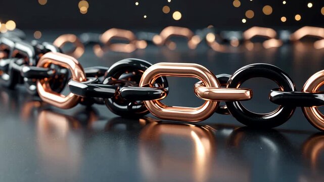 Alternating black and copper metal chain links connected in a row across a dark reflective surface