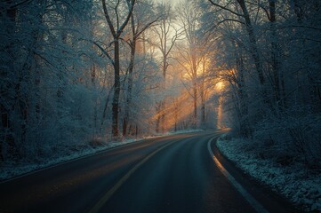 A haunting concept of a solitary path meandering through a forest on a chilling winter afternoon