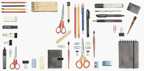 Overhead shot of various stationery items arranged on a surface.
