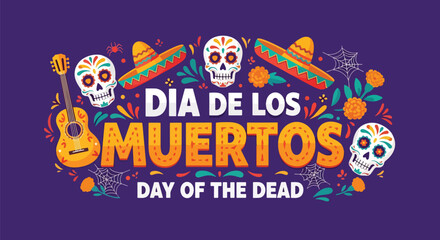 Flat style illustration of Día de los Muertos poster with sugar skulls, sombreros, and guitar, celebrating Mexican Day of the Dead, culture, remembrance, and festive tradition