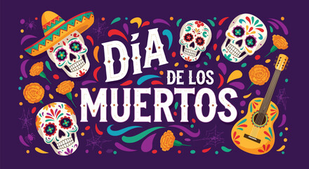 Flat style illustration of Día de los Muertos poster with sugar skulls, sombreros, and guitar, celebrating Mexican Day of the Dead, culture, remembrance, and festive tradition