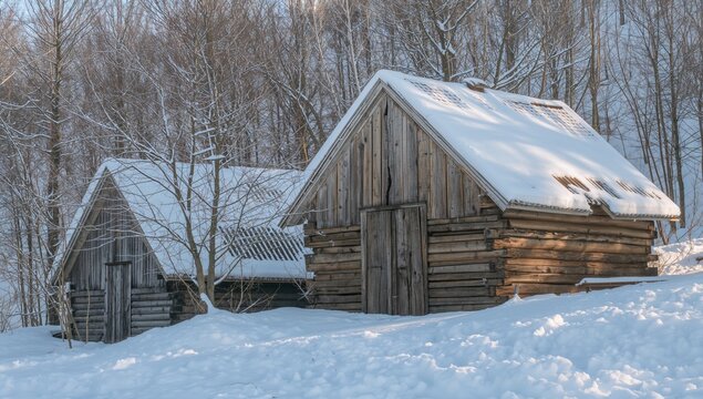 Rustic aged wooden cabin and storage buildings in winter, blanketed by snow.