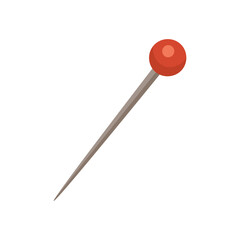 Flat vector illustration of a red sewing pin with metallic needle, simple isolated cartoon clipart.
