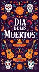 Flat style illustration of Día de los Muertos poster with sugar skulls, sombreros, and guitar, celebrating Mexican Day of the Dead, culture, remembrance, and festive tradition