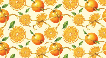 Seamless Pattern of Oranges and Slices Tied with Golden Ribbon on Yellow Background