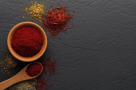 Saffron threads displayed in a wooden bowl with a spoon on a dark stone surface. Aromatic spices and herbs arranged on a slate backdrop. Culinary seasonings and flavor enhancers.