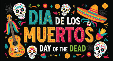 Flat style illustration of Día de los Muertos poster with sugar skulls, sombreros, and guitar, celebrating Mexican Day of the Dead, culture, remembrance, and festive tradition