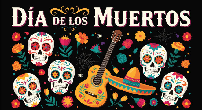 Flat style illustration of Día de los Muertos poster with sugar skulls, sombreros, and guitar, celebrating Mexican Day of the Dead, culture, remembrance, and festive tradition