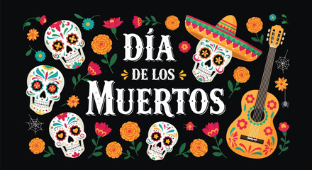 Flat style illustration of Día de los Muertos poster with sugar skulls, sombreros, and guitar, celebrating Mexican Day of the Dead, culture, remembrance, and festive tradition