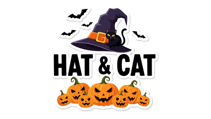 Halloween Hat and Cat: A captivating depiction of Halloween, featuring a whimsical witch's hat and a sleek black cat. A group of vibrant pumpkins adorn the bottom.