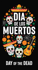 Flat style illustration of Día de los Muertos poster with sugar skulls, sombreros, and guitar, celebrating Mexican Day of the Dead, culture, remembrance, and festive tradition