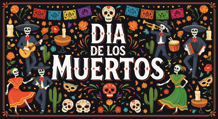Flat style illustration of Día de los Muertos celebration with dancing skeletons, musicians, candles, and flowers, representing Mexican culture, remembrance, and festive holiday traditions