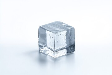 Single ice cube on a plain white surface