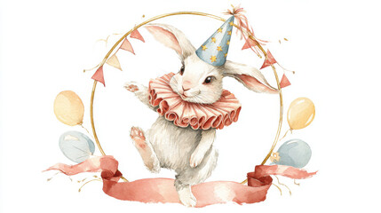 A whimsical watercolor painting features a charming bunny celebrating with balloons and banners.