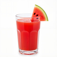 Fresh watermelon juice in a clear glass with slice on top  