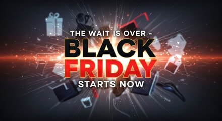 Vector art of black friday sale promotion with flying shopping items and text effect