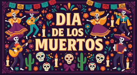 Flat style illustration of Día de los Muertos celebration with dancing skeletons, musicians, candles, and flowers, representing Mexican culture, remembrance, and festive holiday traditions