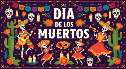Flat style illustration of Día de los Muertos celebration with dancing skeletons, musicians, candles, and flowers, representing Mexican culture, remembrance, and festive holiday traditions