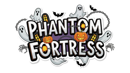 Phantom Fortress: A festive illustration suitable for Halloween, featuring the phrase Phantom Fortress surrounded by spooky characters.