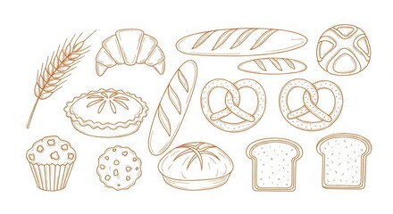 Assortment of bakery products, bread, pastries, and baked goods.