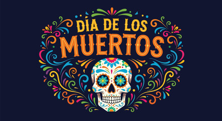 Flat style illustration of Día de los Muertos poster with sugar skull and floral decorations, celebrating Mexican culture, remembrance, and colorful traditional holiday design